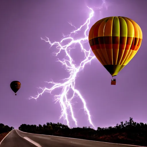 Image similar to a hot air balloon flying in the middle of the road, liminal space, uncanny, saturated, dynamic lightning