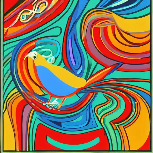 Image similar to A beautiful computer art of a large, colorful bird with a long, sweeping tail. The bird is surrounded by swirling lines and geometric shapes in a variety of colors Pizza Hut, cubic zirconia by William Gropper romantic