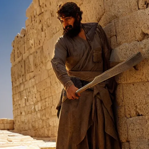 Prompt: award winning cinematic still of 40 year old Mediterranean skinned man in Ancient Canaanite clothing building a wall in Jerusalem, holding a sword and a chisel, dramatic lighting, strong shadows, directed by Peter Jackson