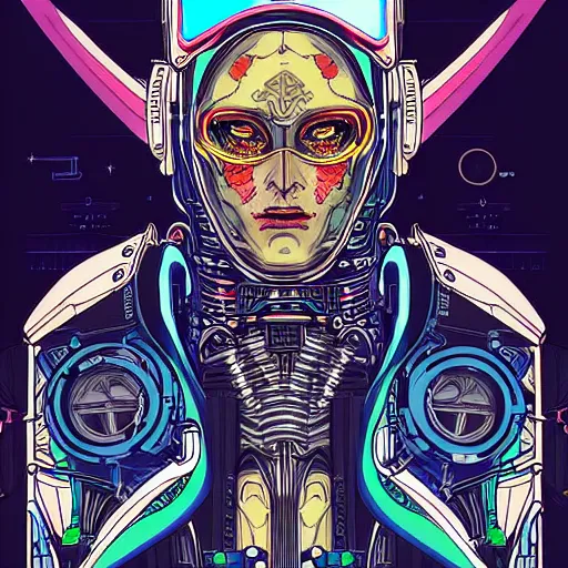 Image similar to detailed intricate color manga illustration of a renaissance Saint as an evil cyborg robot, cyberpunk, in space