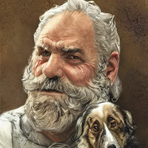 Prompt: portrait of a old, ruggedly handsome bearded man next to a corgi dog, soft hair, muscular, half body, cloth, d & d, fantasy, intricate, elegant, highly detailed, digital painting, artstation, concept art, smooth, sharp focus, illustration, art by artgerm and greg rutkowski and alphonse mucha