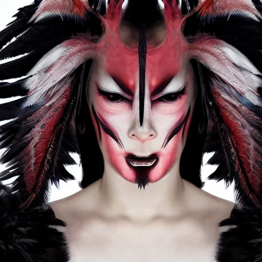 Image similar to a demon inspired by feathers created by the make up artist hungry, photographed by andrew thomas huang, cinematic, expensive visual effects