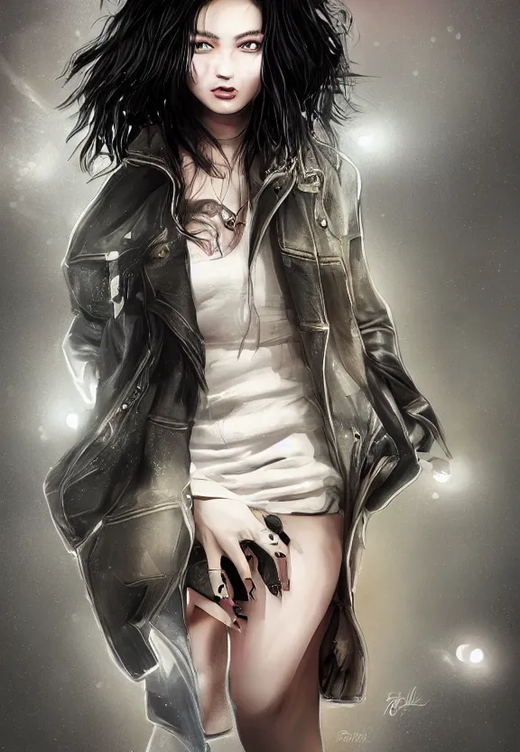 Prompt: full body illustration of girl with eyes that burn like cigarettes wearing a short skirt and a long jacket with fingernails that shine like justice, dramatic lighting, photorealistic, full body portrait, detailed anatomy, extreme detail, 4 k, colorful, artgerm and ben lo, octane render, detailed face, f / 2. 8