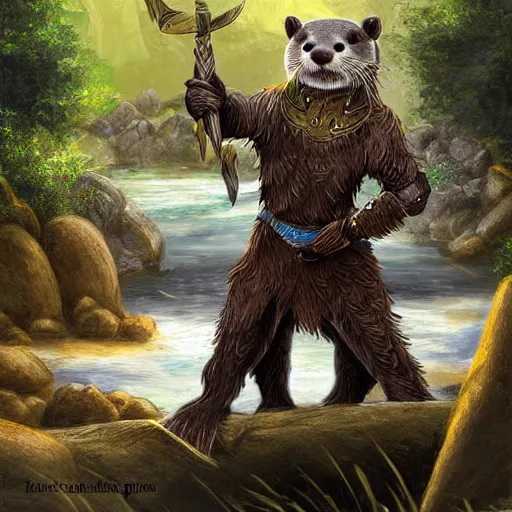 Image similar to furry otter warrior, fantasy art, lightweight armour, near the river, waterfall, digital art, high quality