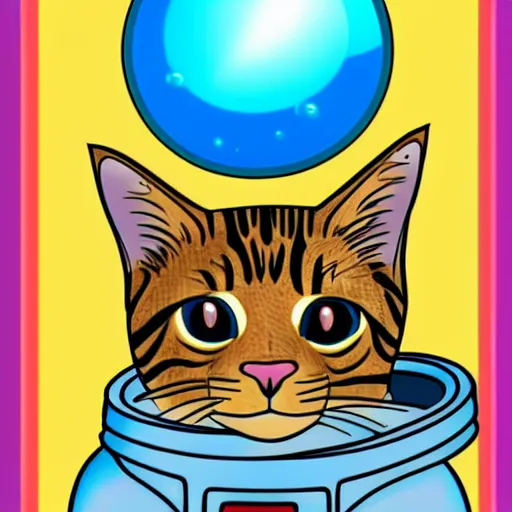 Prompt: Coloring page of an astronaut tabby cat with a bubble as a helmet, visiting Saturn, surrounded by bubbles