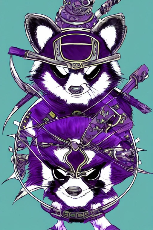 Image similar to purple samurai raccoon in the style of Yoshitaka Amano