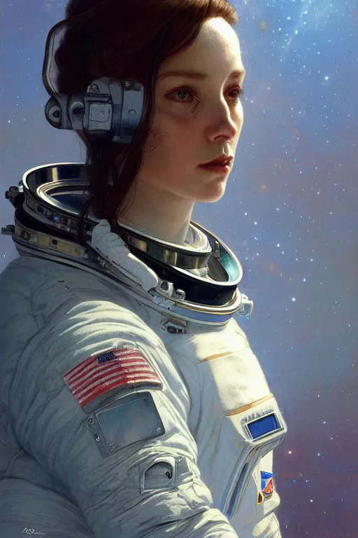 Image similar to A full portrait of a 2001 Space Odyssey Astronaut, intricate, elegant, highly detailed, digital painting, artstation, concept art, smooth, sharp focus, illustration, art by Krenz Cushart and Artem Demura and alphonse mucha
