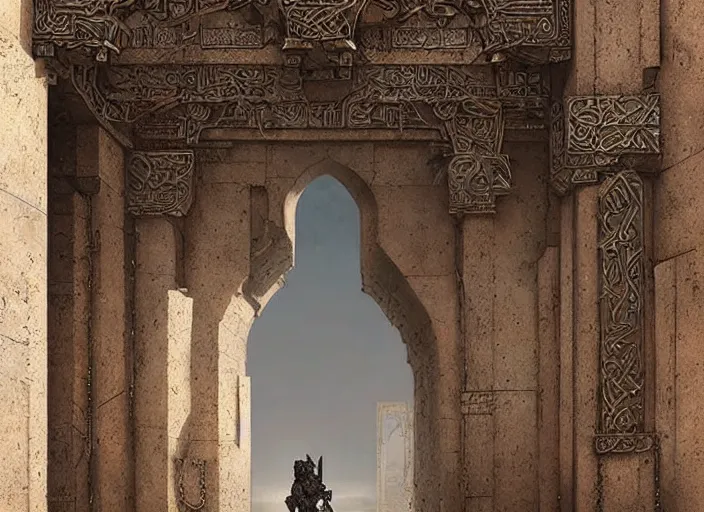 Image similar to surrealism grunge of an arab warrior infront of a dimentional gate . intricate artwork. Eerie ancient alien symbols carved into the walls, digital art,realistic,detailed,art by greg rutkowski