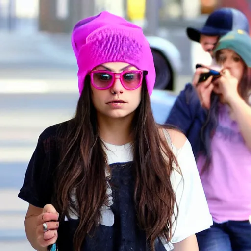 Prompt: !!!!Mila Kunis, wearing a magenta beanie cap and magenta shirt and large oval eyeglasses