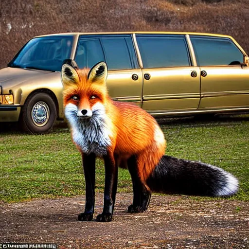 Prompt: fox animal stood next to a limousine, award winning photograph