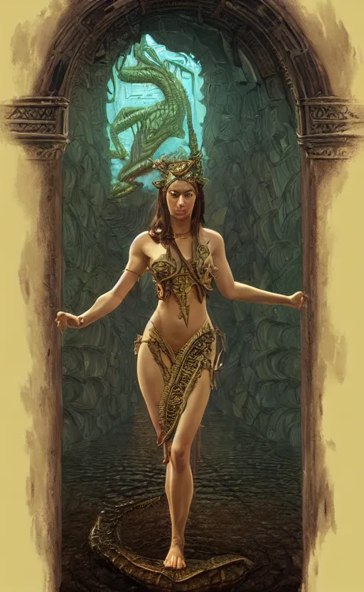 Image similar to half crocodile godess in temple portal, reptilian skin, d & d, fantasy, full body portrait, elegant, highly detailed, digital painting, artstation, concept art, matte, sharp focus, illustration, art by artgerm and greg rutkowski and alphonse mucha