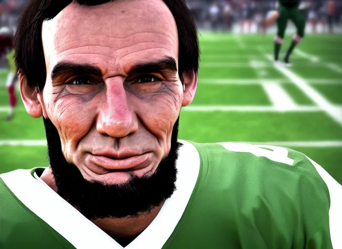 Prompt: facial portrait of a football player on the sidelines, quarterback abraham lincoln, reddit contest winner, madden 2 1, ps 4, character design