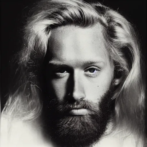 Prompt: 8k portrait photograph of 20 year old man named Carter Manson with long blond hair and red beard. Arnold Newman. Dramatic.