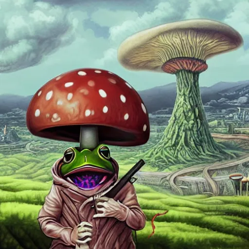 Image similar to A centered chest up portrait of a psychedelic demonic anthropomorphic frog smoking a hand-rolled cigarette smoking heavily , magic mushroom village in background . award winning. superb resolution. in the art style of junji Ito and greg rutkowski . Detailed Mushroom city in background. Hyper realistic anime. Perfect art. Dalle2