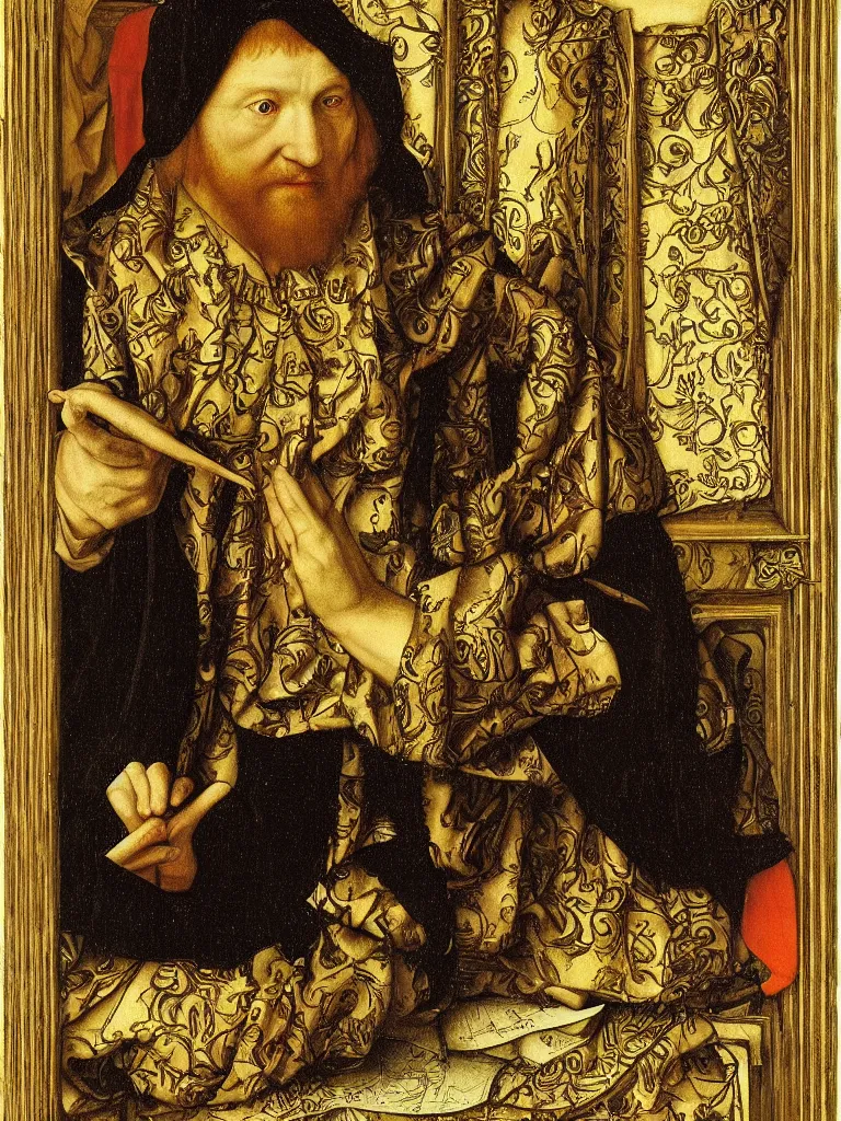 Image similar to painting of the king of pentacles tarot card, hans holbein the younger, jan van eyck, gerit dou, sixteenth century, tarot