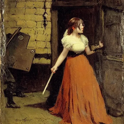 Image similar to young victorian woman lost in a dungeon fighting a monster, by alfred stevens