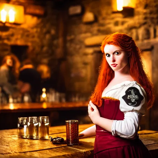 Prompt: beautiful bar maid with auburn hair, in a medieval tavern, dramatic, cinematic, filmic, 7 5 mm, f / 1. 8