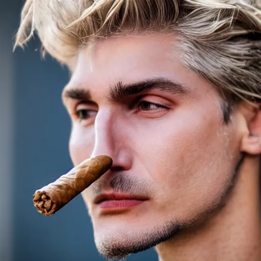 Image similar to a closeup photo of handsome gigachad xqc smoking a cigar