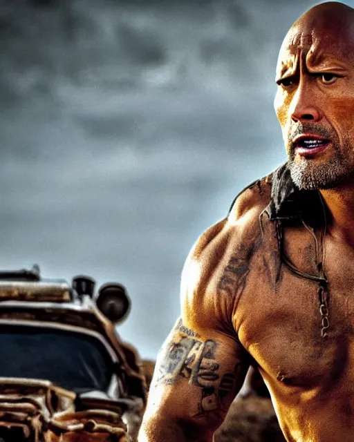 Image similar to film still close up shot of dwayne johnson as max rockatansky in the movie mad max. photographic, photography