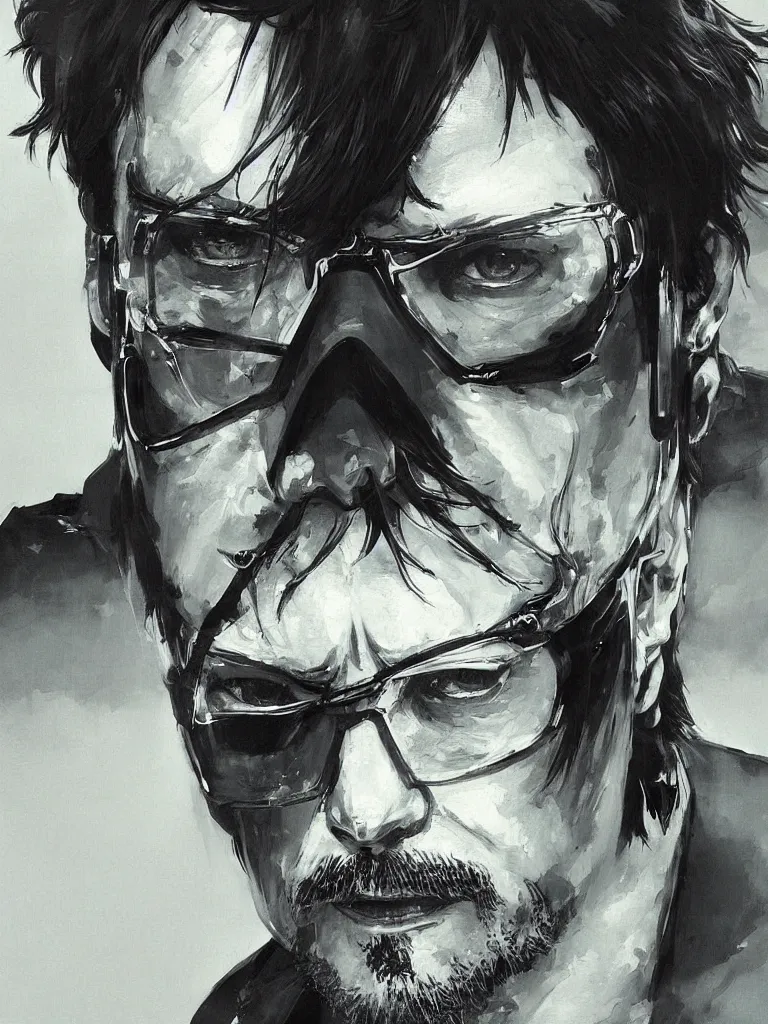 Image similar to “A centered portrait painting of hideo kojima by yoji shinkawa, trending on art station, metal gear solid”