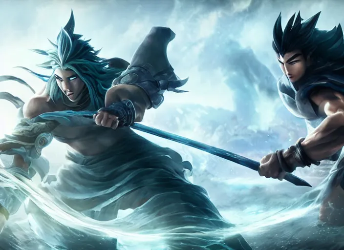 Image similar to nightbringer yasuo battling with dawnbringer riven, ultra realistic 4 k unreal engine very cinematic render with ray tracing bloom ambient occlusion strong reflections depth of field fog