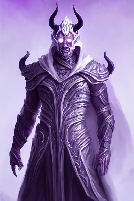 Prompt: man male demon, full body white purple cloak, warlock, character concept art, costume design, illustration, black eyes, white horns, trending on artstation, Artgerm , WLOP