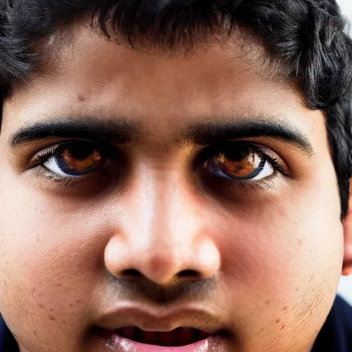 Prompt: close - up portrait photograph of a large teenage indian male with black eyes, a big mouth, chubby facial features, a messy stubble and short touselled black hair, highly detailed, anatomically correct features,