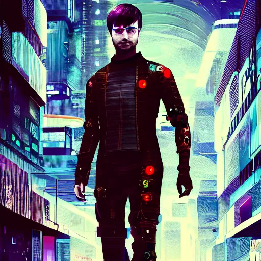 Prompt: cyberpunk daniel radcliffe as the leader of a futuristic communist nation, cybernetics, sharp lines, digital, artstation, colored in