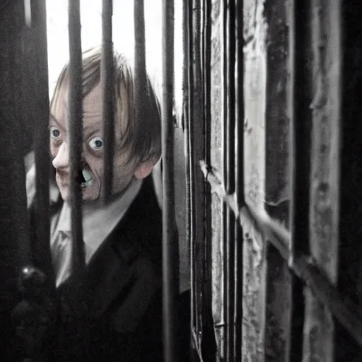 Prompt: mark e smith lurking in a dark scary castle, light shining through bars in the window