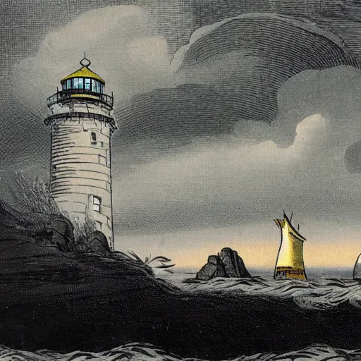 Prompt: 19th century storybook illustration of a yellow victorian lighthouse on a rocky island, dark stormy clouds