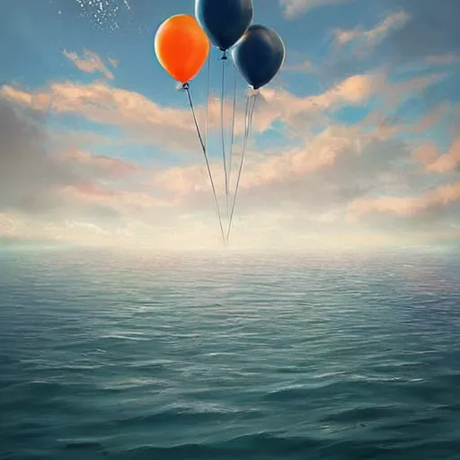 Image similar to plenty of floating birthday balloons. beautiful sea. digital art, highly - detailed, artstation cgsociety masterpiece