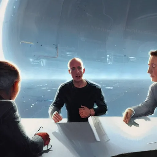 Image similar to illustration of a meeting between elon musk, mark zuckerberg, jeff bezos, very detailled, by artgem, greg rutkowski