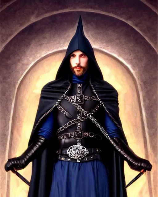 Prompt: handsome male 3 / 4 view, long black hair blue eyes wearing leather mantle gothic navy cloak with leather details, cliffside town, fantasy character portrait, ultrarealistic, intricate details, elegant, cinematic lighting, highly detailed, artstation, d & d art, cgsociety, sharp focus, beautiful digital painting by artgerm, gerald brom, wlop, alphonse mucha