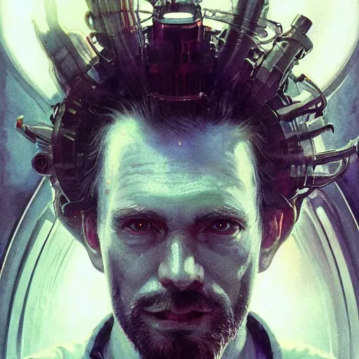 Image similar to portrait of a mad scientist god, advanced technology, futuristic, science fiction, intricate, headshot, highly detailed, digital painting, artstation, concept art, sharp focus, cinematic lighting, illustration, art by artgerm and greg rutkowski, alphonse mucha, cgsociety