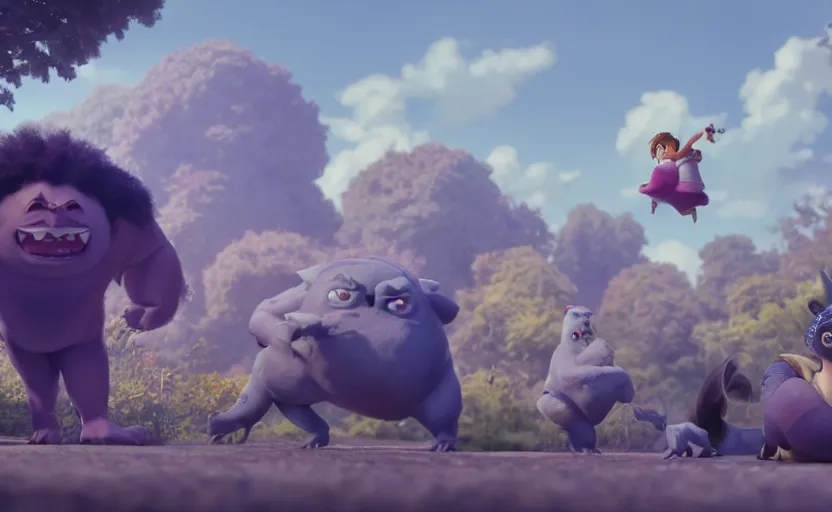 Image similar to a film still of How to train your Troll, medium shot, waist up, studio Ghibli, Pixar and Disney animation, sharp, Rendered in Unreal Engine 5, anime key art by Greg Rutkowski, Bloom, dramatic lighting