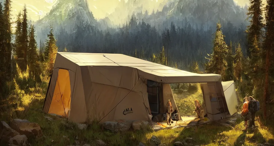 Image similar to cabela's beautiful comfortable self contained modular insulated wall container home kit - house all weather family dwelling tent house, person in foreground, mountainous forested wilderness open fields, beautiful views, painterly concept art, environmental concept art, concept art illustration, by james gurney, by craig mullins, by greg rutkowski trending on artstation