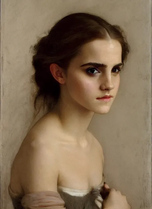 Image similar to photo photorealistic portrait photograph Portrait of Emma Watson, by William Adolphe Bouguereau, John Singer Sargent, Vermeer, serene