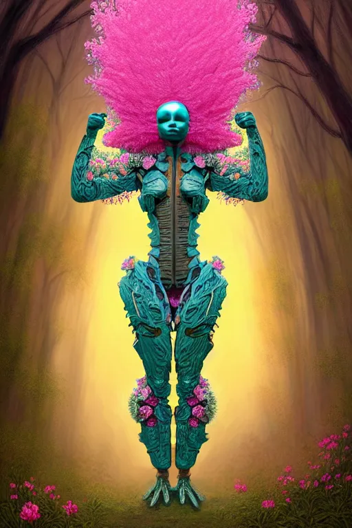 Image similar to illustration neo - rococo cinematic super expressive! yoruba goddess with exoskeleton armor, merging with tree in a forest, pink yellow flowers, highly detailed digital art masterpiece, smooth etienne sandorfi eric zener dramatic pearlescent soft teal light, ground angle hd 8 k, sharp focus