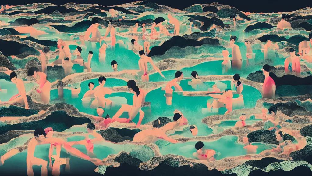 Image similar to japan natural hot spring, a collage painting, in the style of wes anderson, lola dupre, david hockney, isolated on negative space background dark monochrome neon spraypaint accents volumetric octane render