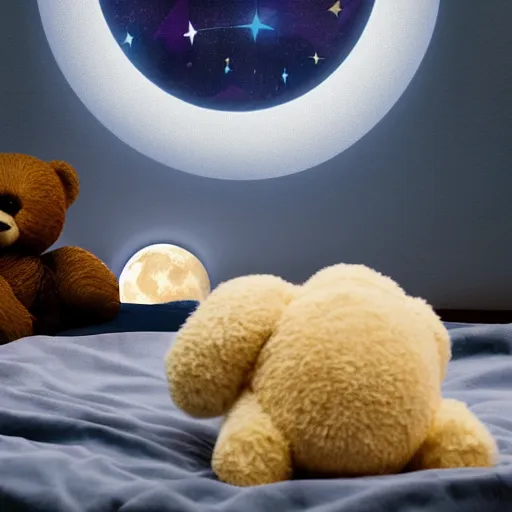 Image similar to Teddybear sitting in bed photorealistic in focus moon an stars in the background dark lighting