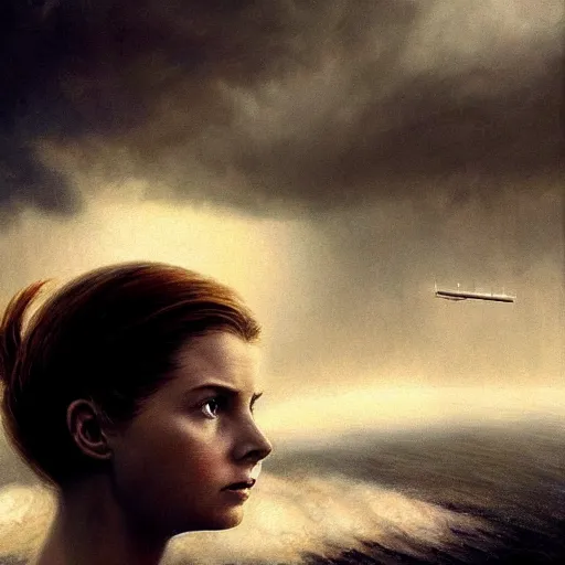 Prompt: ultra realistic portrait painting of the movie arrival, art by frank frazetta, vintage levi ’ s ad, stormy weather, dark vibes, 4 k, ultra realistic, highly detailed, epic lighting