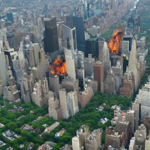 Image similar to nyc, over grown with trees, on fire