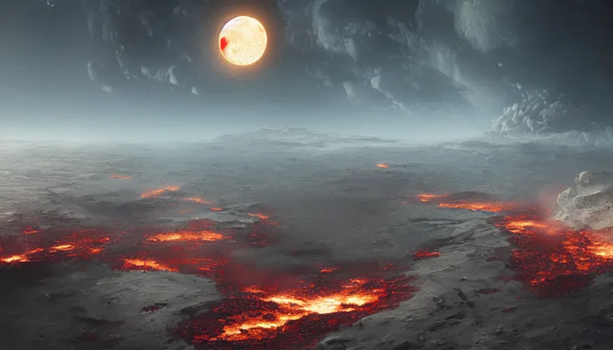 Prompt: Cinematic view of the exploding burning moon, hyperdetailed, artstation, cgsociety, 8k
