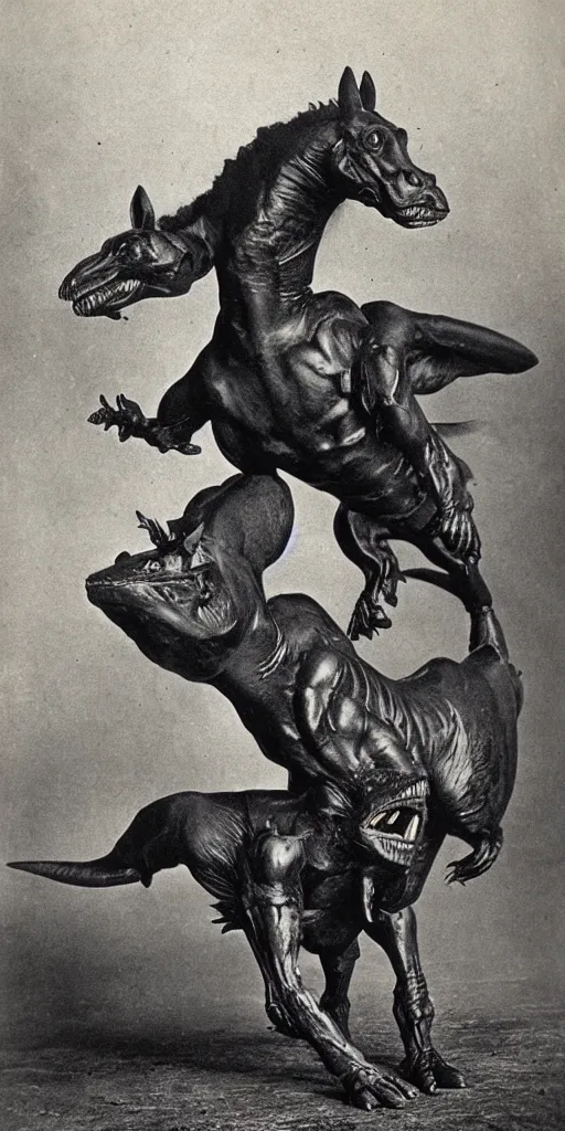 Prompt: t rex and a [ [ horse ] ] wearing legs, strange, [ metal ], black and white photograph, 1 8 5 0 s