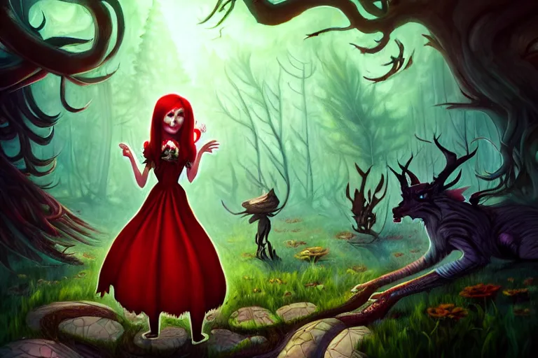 Image similar to forest, american mcgee's alice, sharp focus, artstation, trending, by julie dillon, luis melo, tyler miles lockett, lei jin, hong lei, ken wong, adam narozanski, joy ang