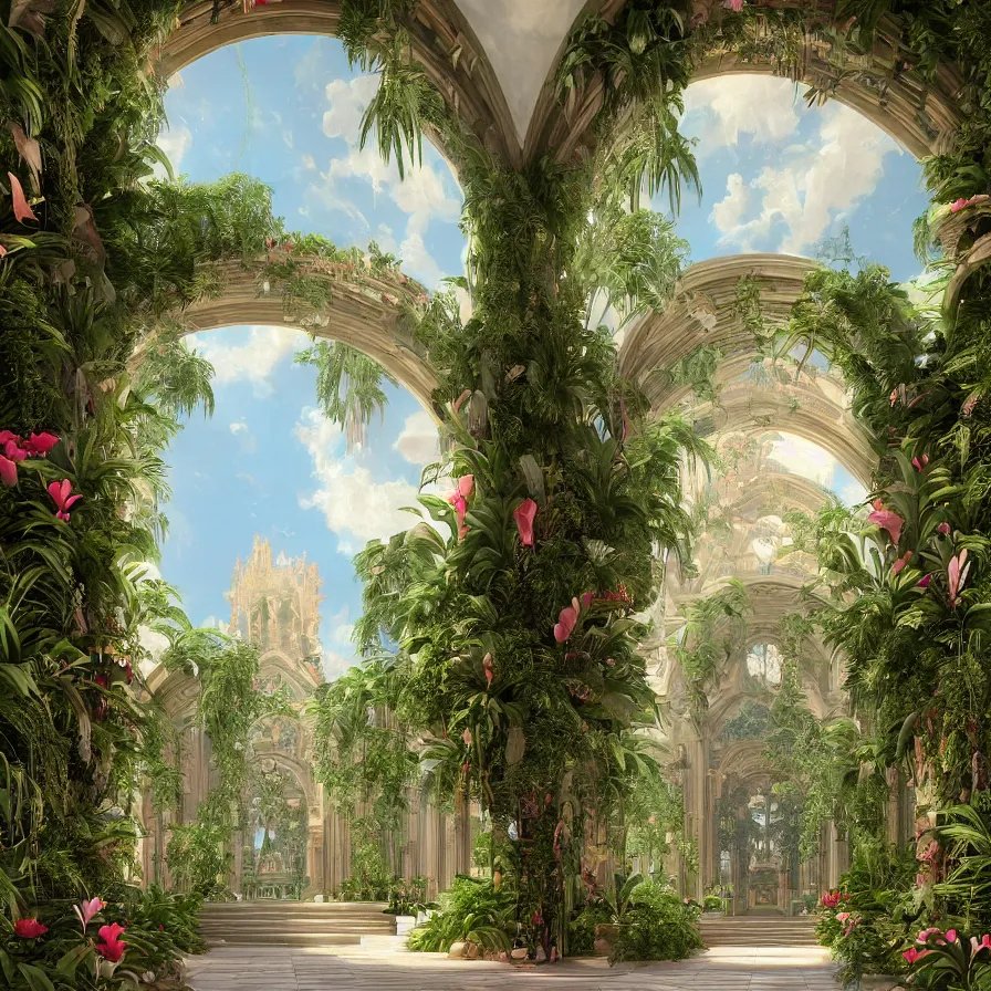 Prompt: beautiful cathedral interior with koi pond in the middle surrounded by palm trees, ivy, flowers, tropical plants, roses, and with archways, rendered in octane render with photorealistic volumetric lighting, cinematic,!! horizontal symmetry!!, a flemish baroque by thomas cole, sanctuary, unsplash contest winner, maximalism, sanctuary