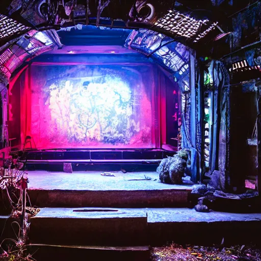 Image similar to glowing translucent theater stage in las pozas, cyberpunk, dark room, science fiction magazine, cut out collage, 4 k close up, wide angle