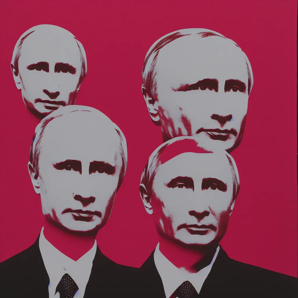 Prompt: individual silk screen portrait of putin by andy warhol