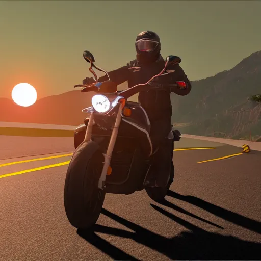 Prompt: a photo of jair messias bolsonaro driving a motorcycle in direction of a sunset, unreal engine 5, 4 k