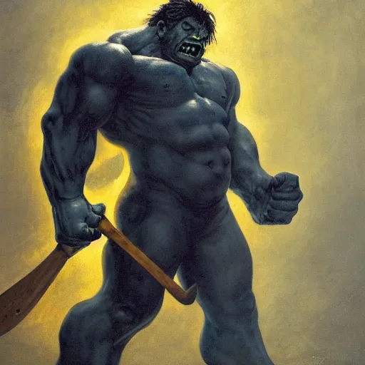 Prompt: artstation concept a midnight blue hulk holding an axe, dusty yellow background, grotesque face, hyperdetailed, artstation trending, world renowned artists, worth 1 0 0 0. com, historic artworks society, antique renewel, cgsociety, by greg rutkowski, by gustave dore, deviantart